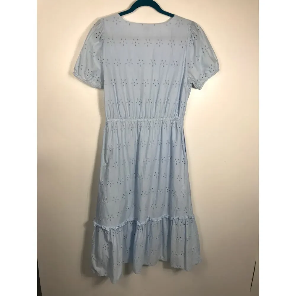 J. Crew Midi Dress Women's 8 Blue V Neck Puff Sleeve Eyelet Tiered Feminine - Picture 9 of 15